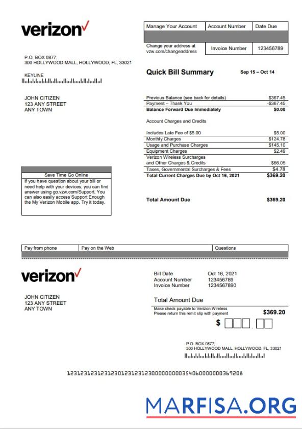 Realistic USA Verizon utility bill template in Word format, fully editable, version 2
